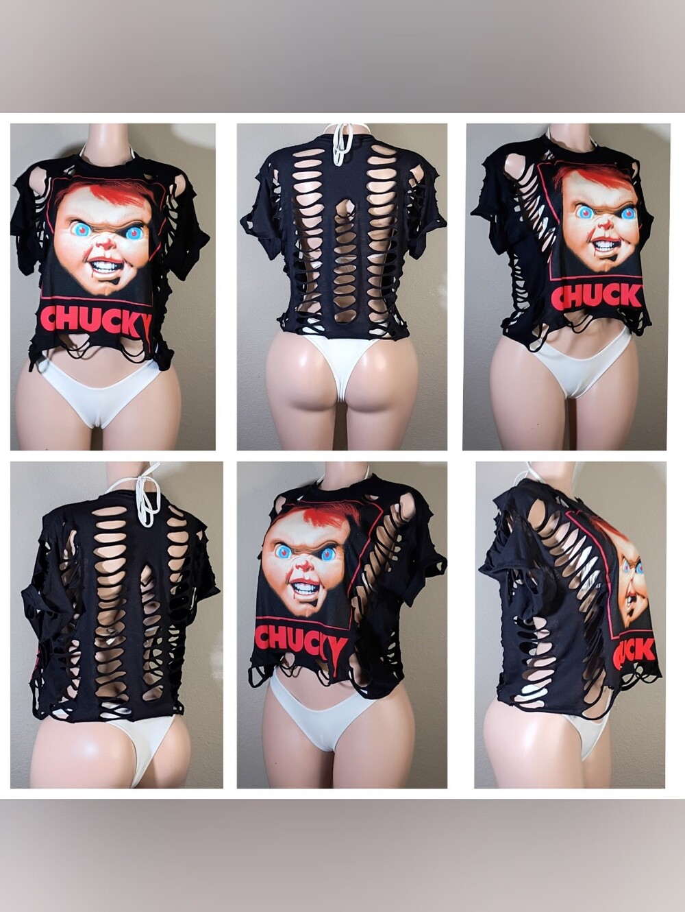 Chucky Graphic Custom Distressed Crop Tee - Black & Red